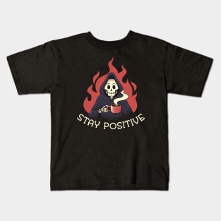 Stay Positive! Death Drinking Coffee by Tobe Fonseca Kids T-Shirt